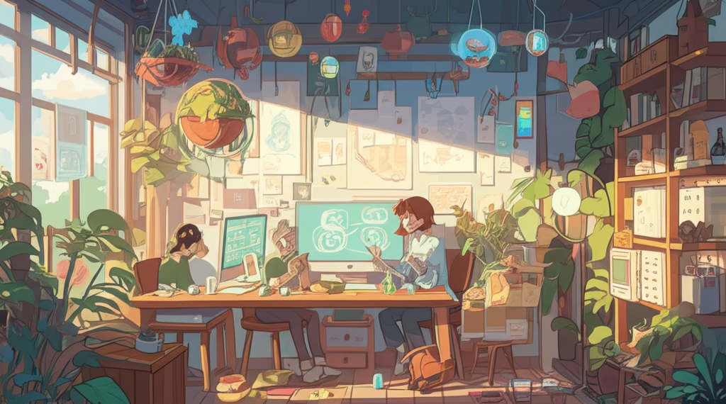 Ghibli-style illustration of our innovative team collaborating on creative solutions